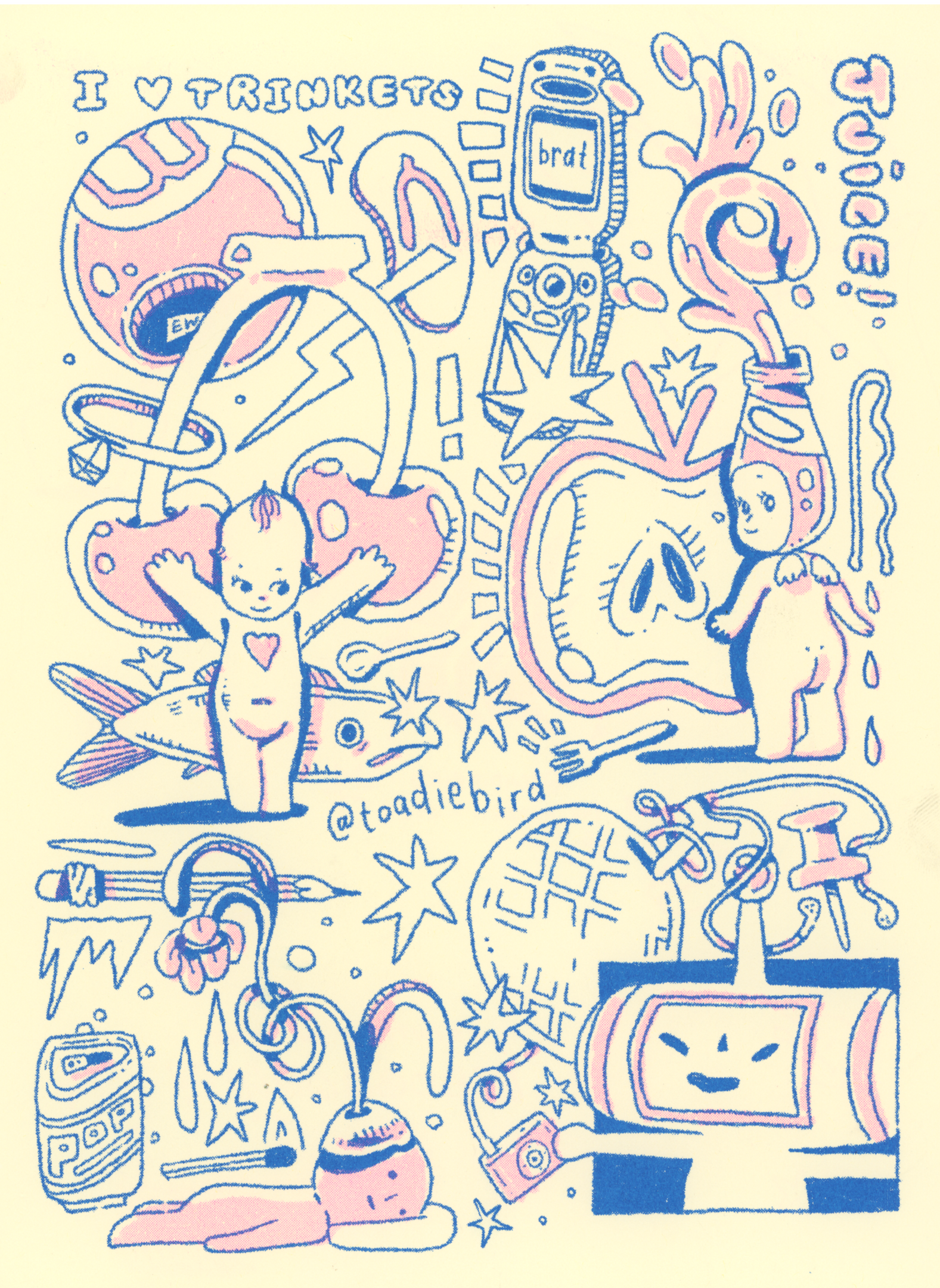 "i heart trinkets" 2 color riso print, 2024.
