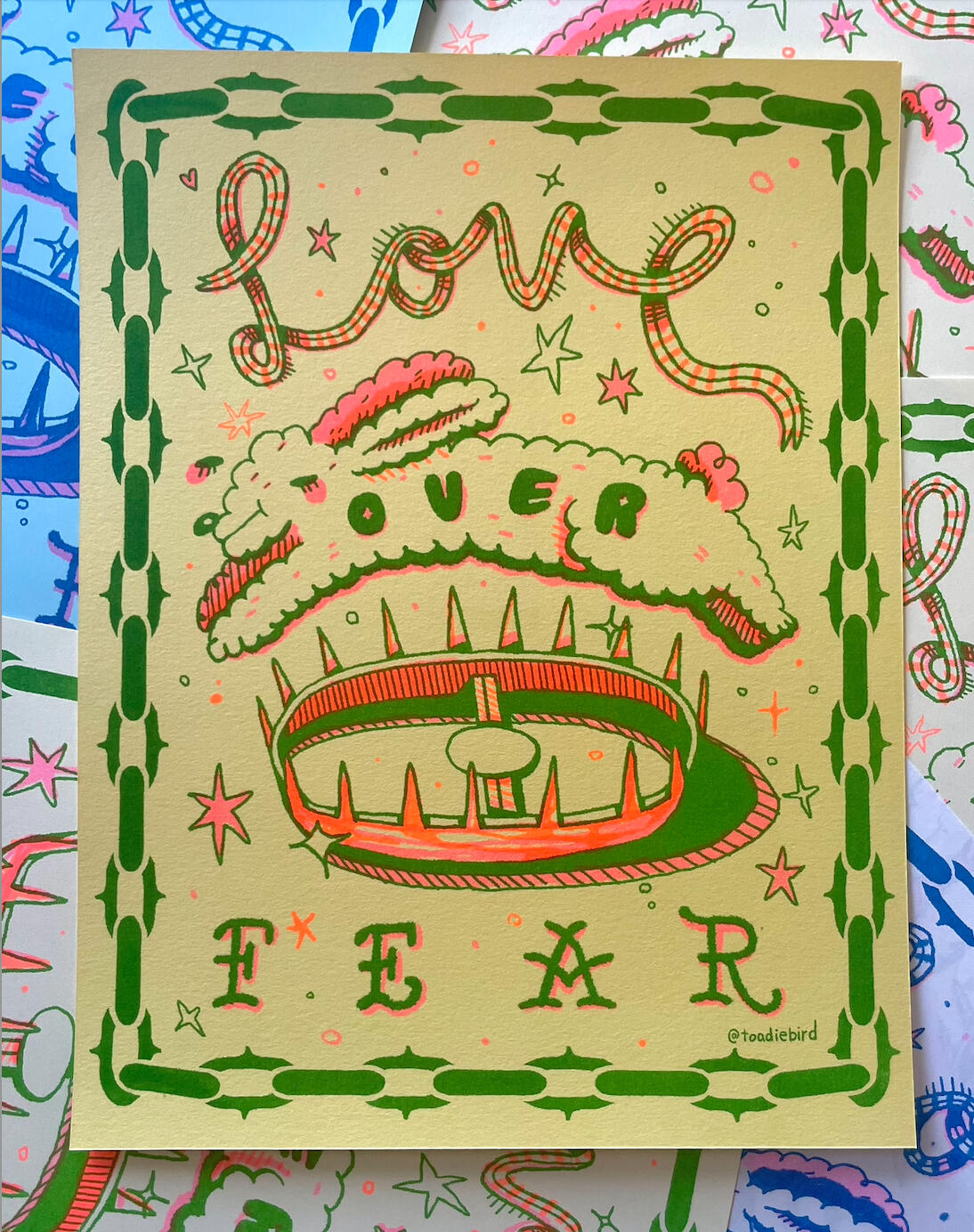 "love over fear" 2 color riso print, 2024.